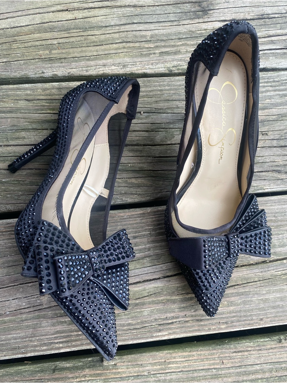 Jessica Simpson Black Crystal Bow Pointed-Toe Stiletto Pumps